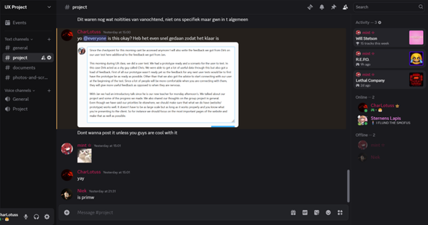 Screenshot of discord server to manage a project with team members
